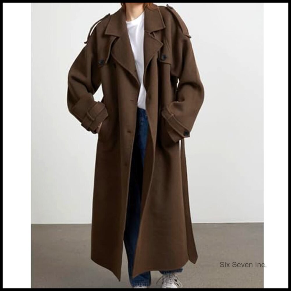 Wool Blend Trench Coat Double Breasted Belted Maxi Length Winter Warm - Picture 3 of 5